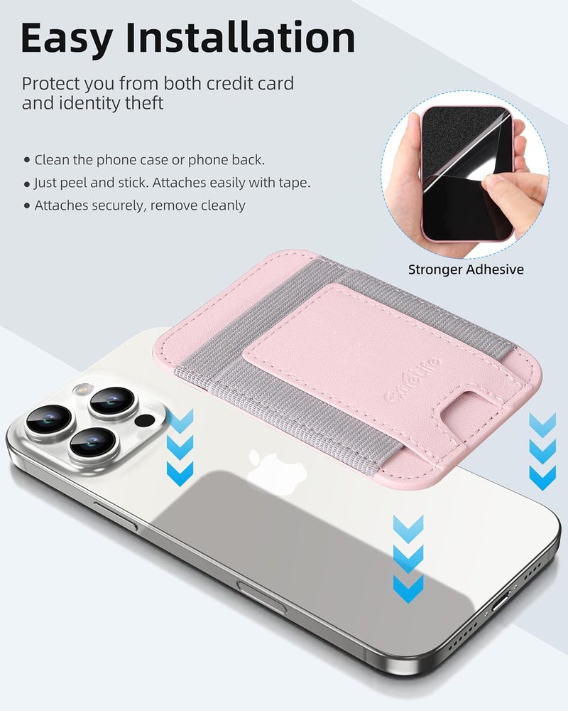 ExtreLife Phone Card Holder, Leather Phone Wallet Stick On, Stronger Adhesive Card Holder for Back of Phone, Credit Card Holder for Phone Case iPhone, Samsung, Android , RFID Blocking, Fit 7 Cards, Baby Pink - Image 4